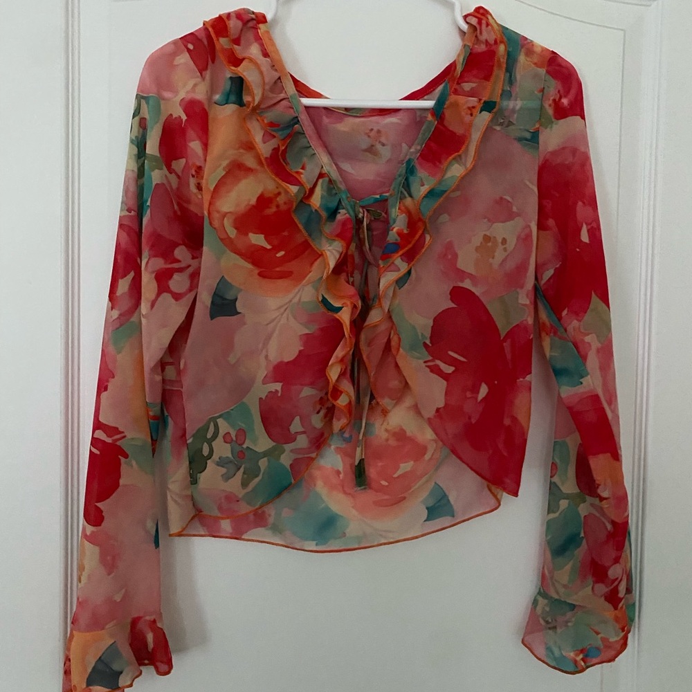 Floral Ruffle Blouse - Red and Green
